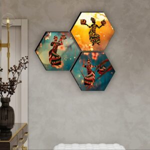 Alternative view of SAF Set of 3 Hexagon Modern Art Dancing MDF Board UV Textured Painting 17 Inch X 17 Inch SANFHXS30542