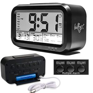 Alternative view of Bulfyss USB Rechargeable Digital Alarm Clock, Date, Temperature, Backlight LCD Display Smart Clock with 3 Alarms Bedroom Table Desk (Black)
