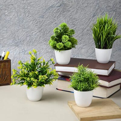 SHOPERIYA Artificial Bonsai Wild Flower Plant with Plastic Pot for Home Decoration Office Table Greenery Room Bathroom Home Decor Plants (Forest Green)